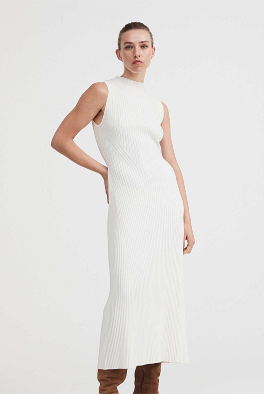 Knit Rib Mock Neck Dress - Chalk