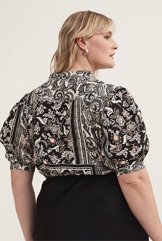 French Linen Scarf Print Blouse - Raven
