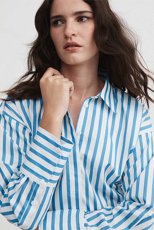 Cotton Stripe Cropped Shirt - Wedgewood Blue