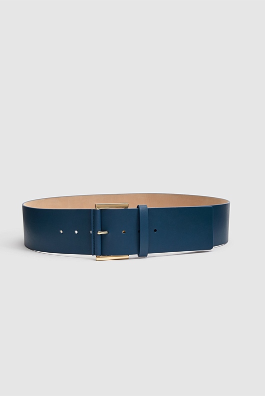 Wide Square Buckle Leather Belt - Cobalt