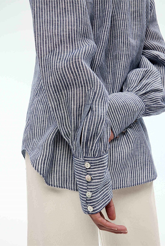 Linen Stripe Volume Sleeve Shirt - Lead Blue