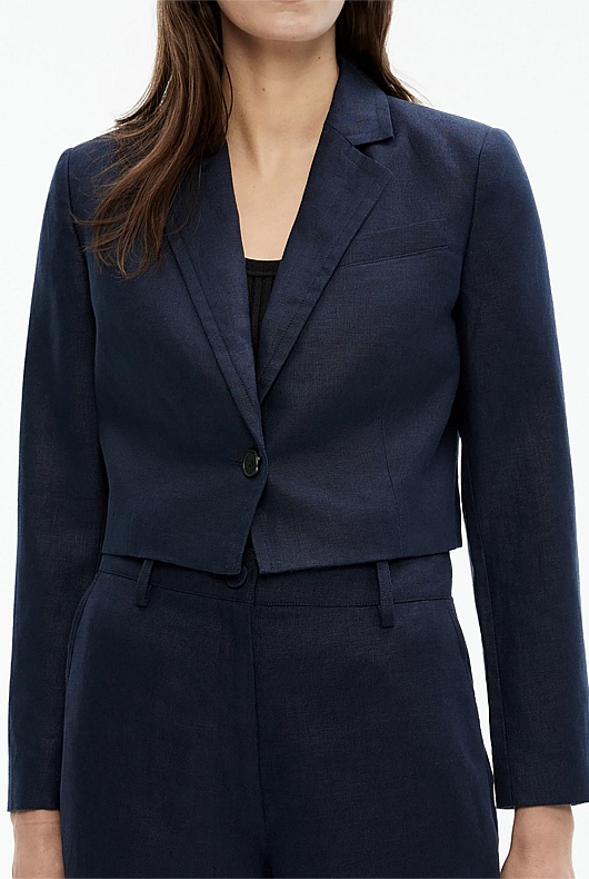 Linen Single-Breasted Cropped Blazer - Blue Night