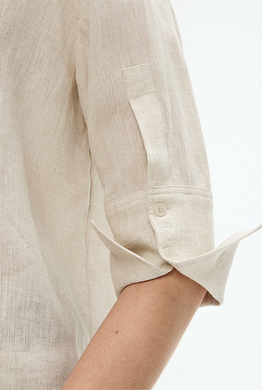 French Linen Yarn Dye Cropped Shirt - Flax