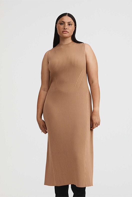Knit Rib Mock Neck Dress - Camel