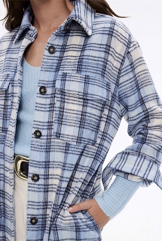 Wool Blend Check Longline Shacket - Duck Egg Blue