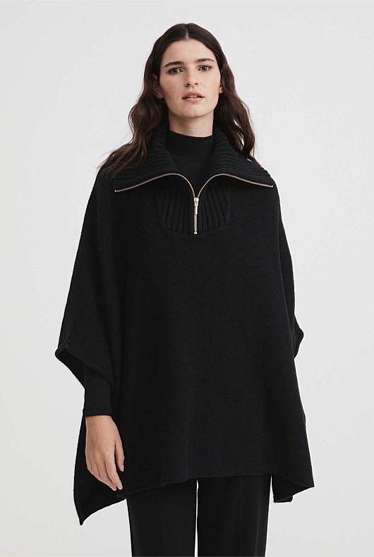 Rib Neck Poncho - Black