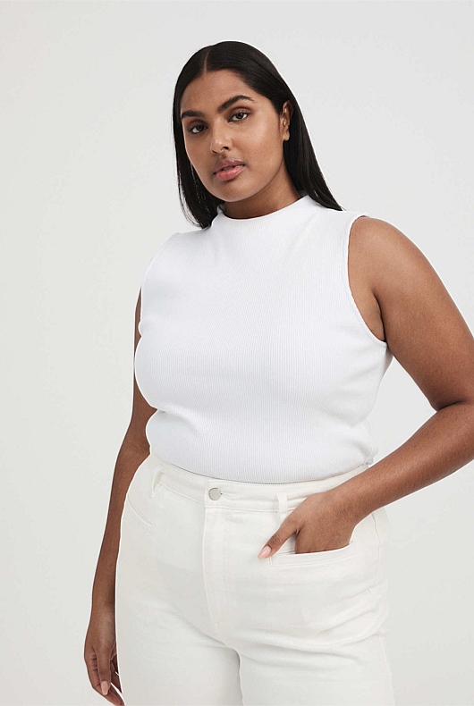 Cotton Rib Mock Neck Tank - Pure White