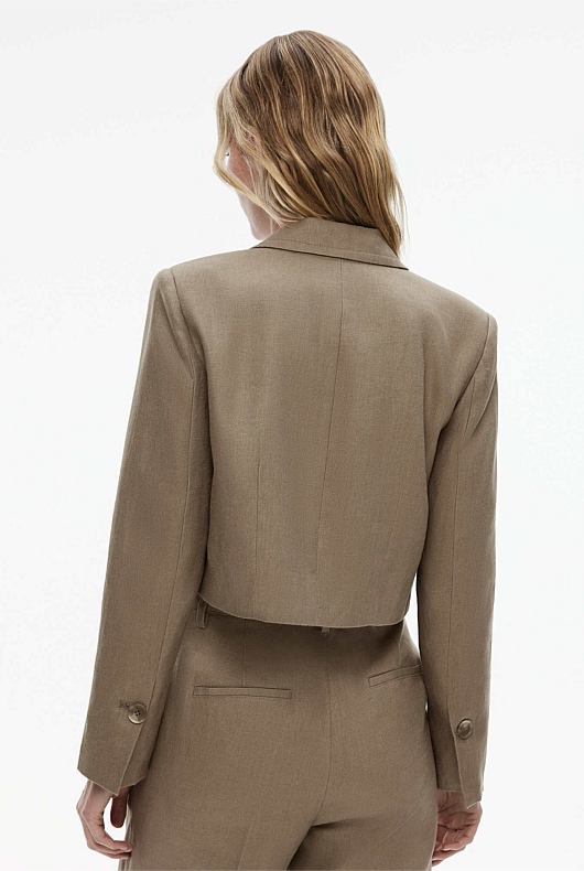Linen Single-Breasted Cropped Blazer - Washed Green