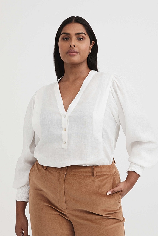 French Linen Half Placket Blouse - Chalk