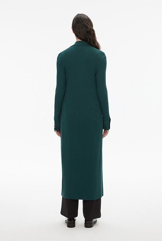 Button Through Rib Longline Cardigan - Petrol Green