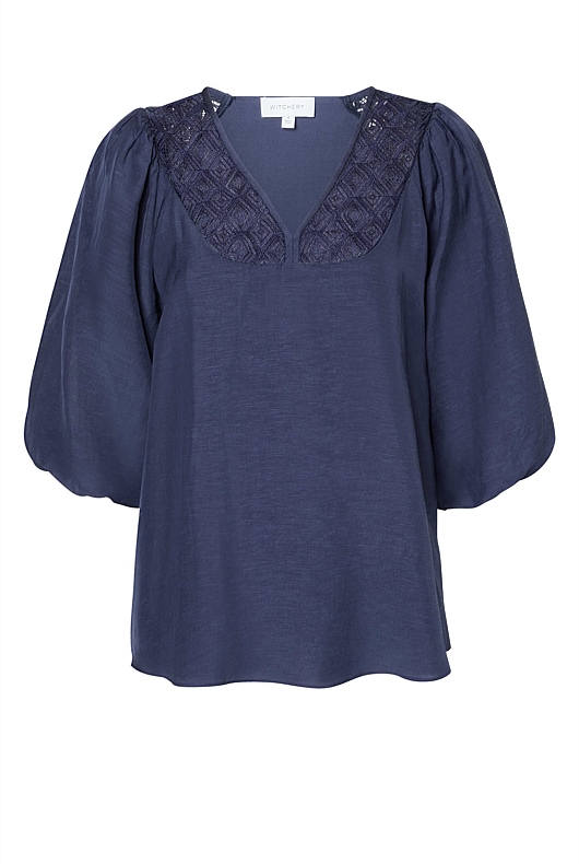 Lace Insert Blouse - Ink Blue