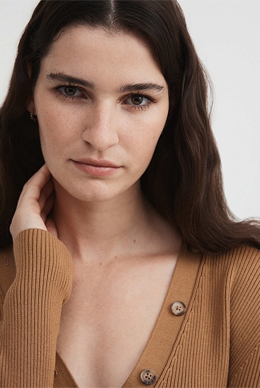 Button Through Rib Knit - Camel