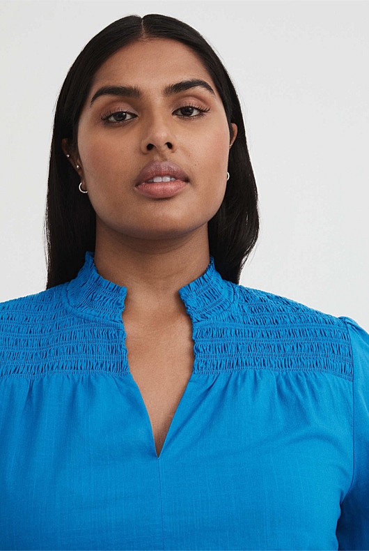Cotton Shirred Blouse - Sorrento Blue