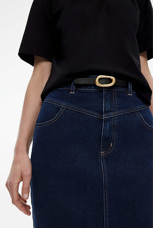 Yoke Front Longline Denim Skirt - Dark Indigo