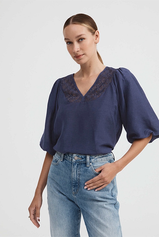 Lace Insert Blouse - Ink Blue