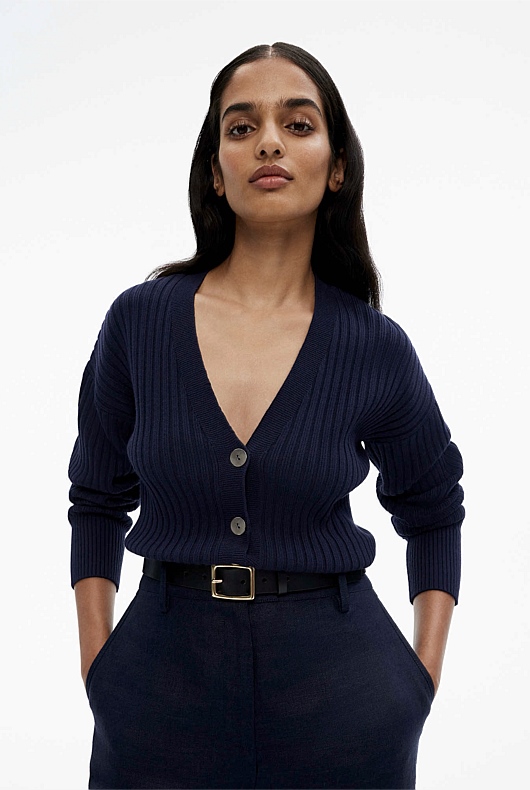 Rib Drop Shoulder Cardigan - Blue Night