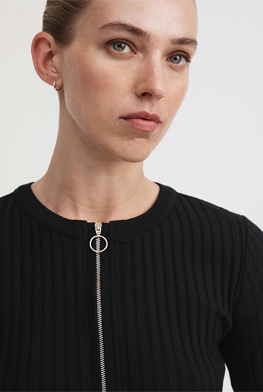 Cotton Rib Zip Front Top - Black