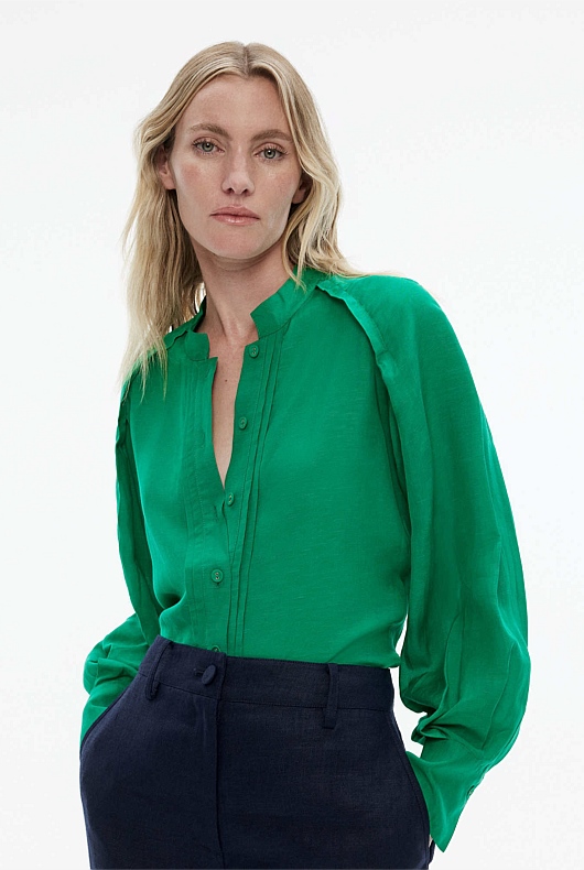 High Neck Raglan Sleeve Blouse - Viridian Green