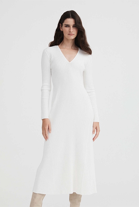 Crepe V Neck Knit Dress - Chalk