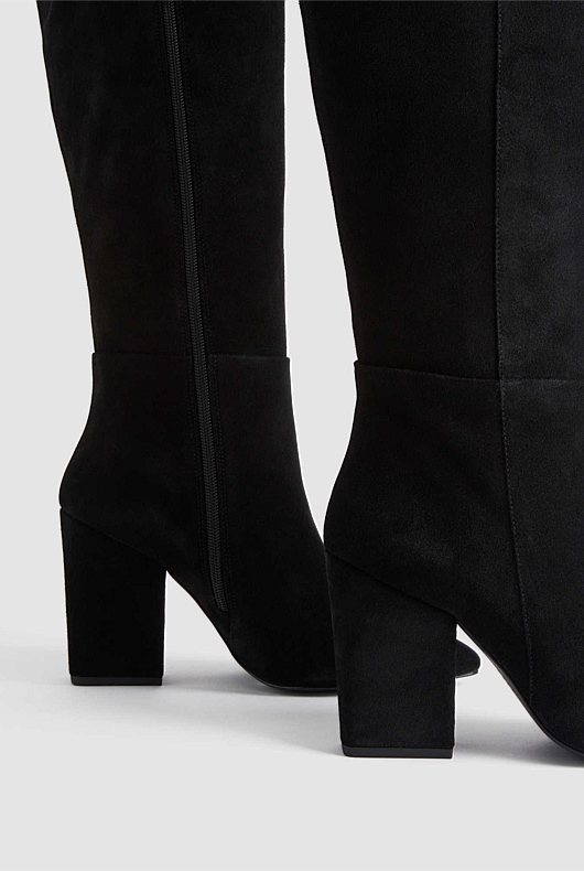 Suede Knee High 90mm Heeled Boot - Black