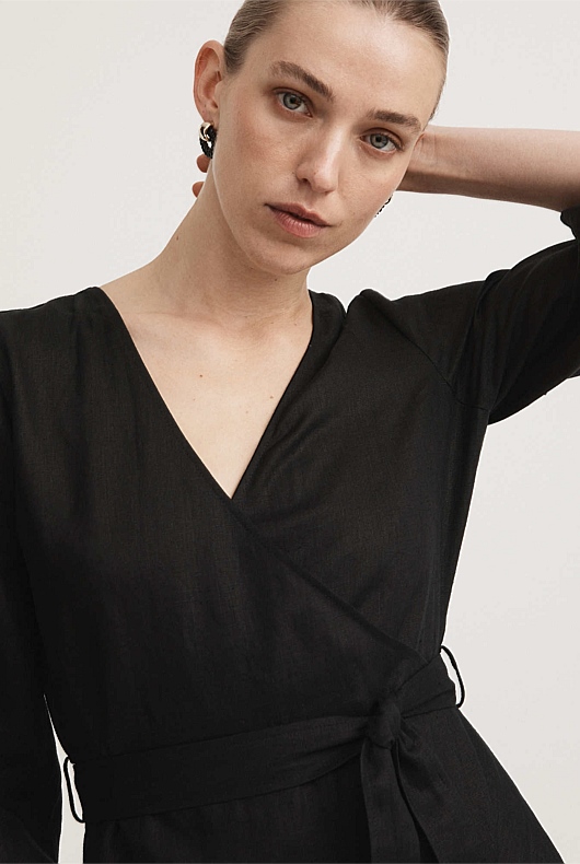 Linen Wrap Dress - Black
