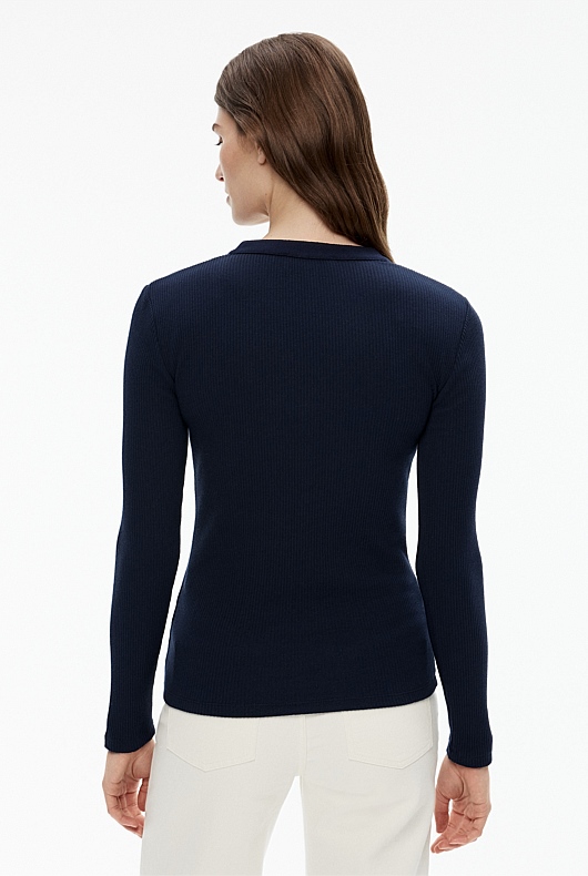 Cotton Blend Rib Henley Long Sleeve Top - Regatta Blue
