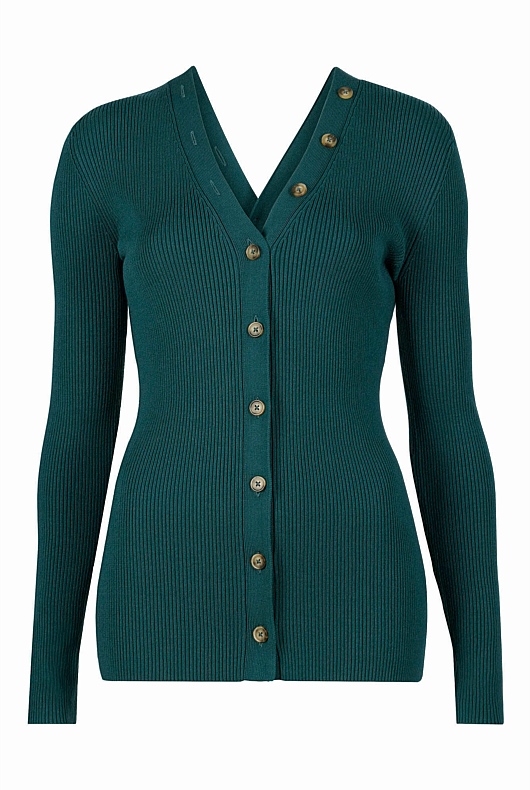 Button Through Rib Knit - Petrol Green