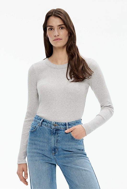 Long Sleeve Rib Top - Light Grey Marle