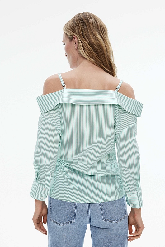 Cotton Stripe Off Shoulder Blouse - Rich Green