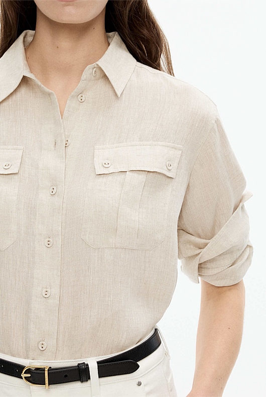 Yarn Dye French Linen Pocket Detail Shirt - Flax