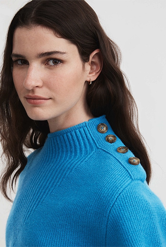 High Neck Puff Sleeve Knit - Bright Blue