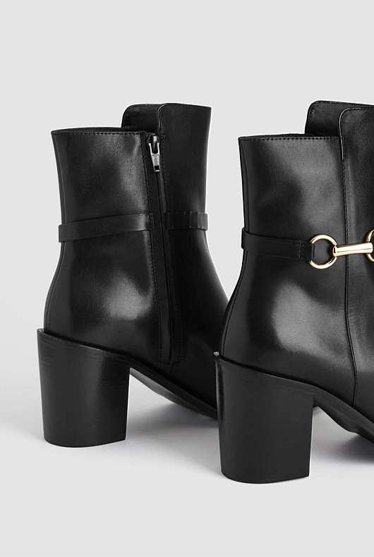 Snaffle Leather 75mm Heeled Boot - Black
