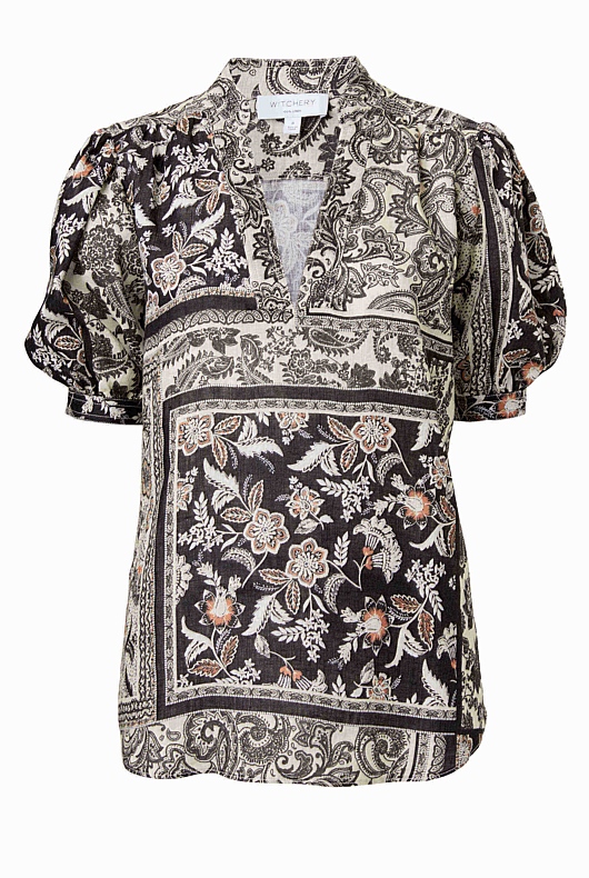 French Linen Scarf Print Blouse - Raven