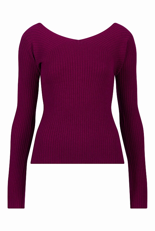 Rib Wide V Neck Knit - Deep Magenta