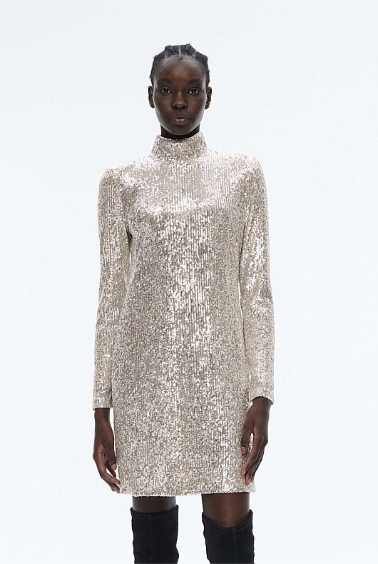 Sequin Mock Neck Dress - Silver
