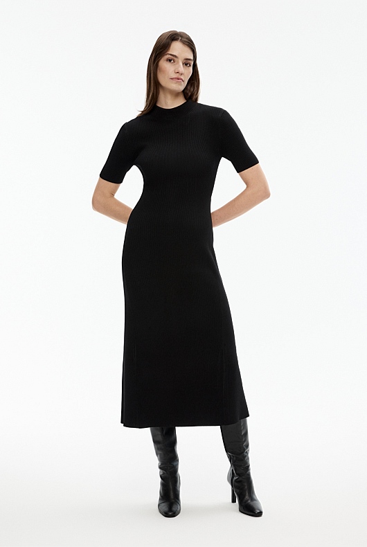 Rib Mock Neck Knit Dress - Black