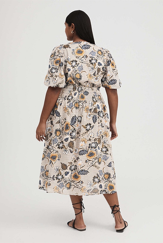 Vine Floral Print Shirred Dress - Barley