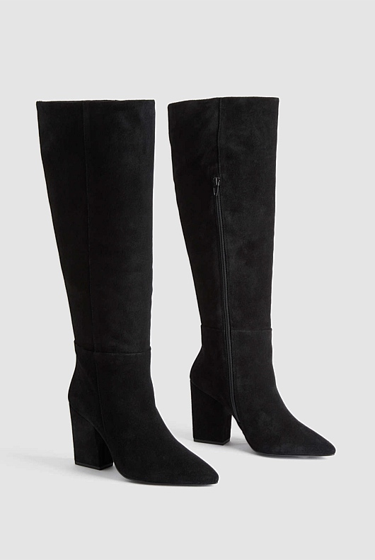 Suede Knee High 90mm Heeled Boot - Black