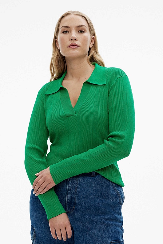 Crepe Rib Henley Knit - Viridian Green