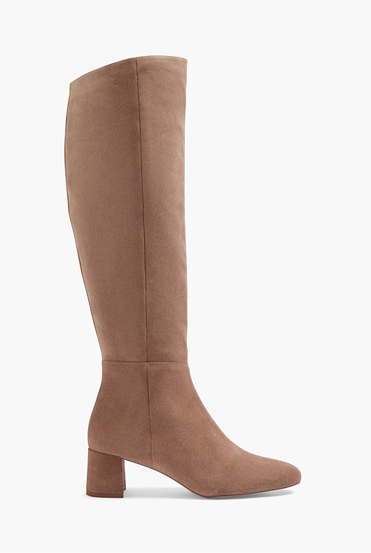 Block Heel Knee High Suede Boot - Pebble