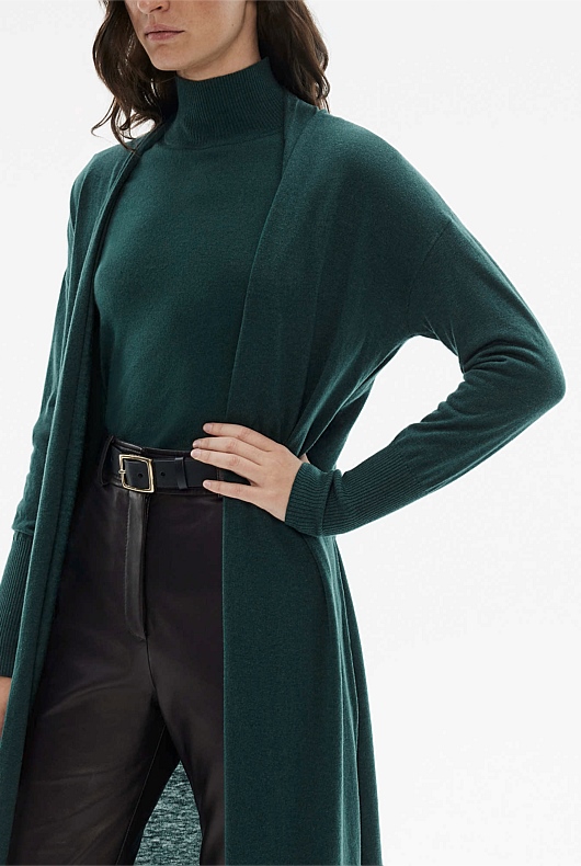 Merino Silk Longline Cardigan - Petrol Green