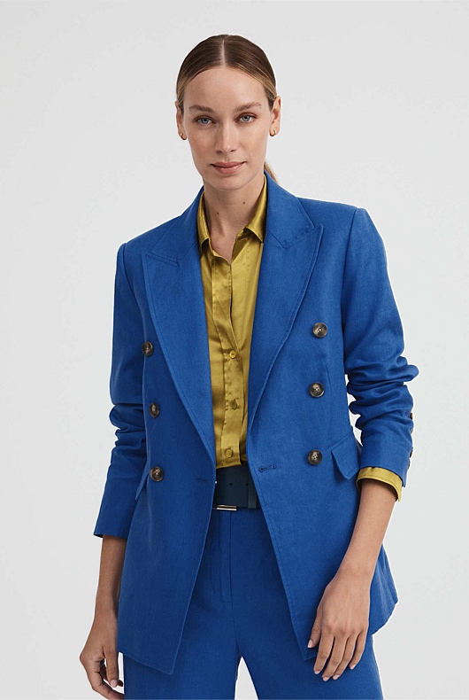 Linen Double-Breasted Blazer - Bold Blue
