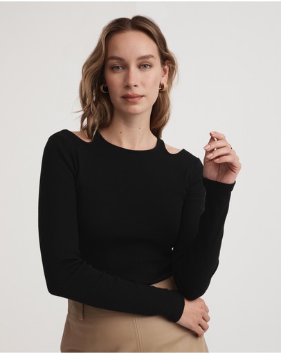 Witchery Cotton Rib Cut Out Long Sleeve Top