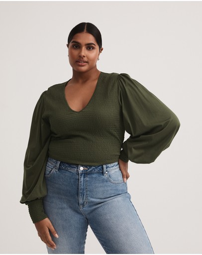 Witchery Cotton Blend Shirred V Neck Top