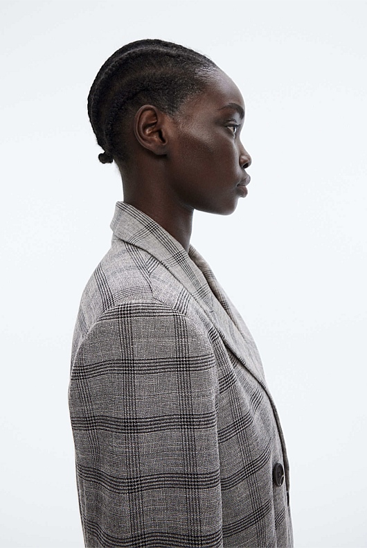 Double-Breasted Yarn Dye Check Blazer - Grey Sky