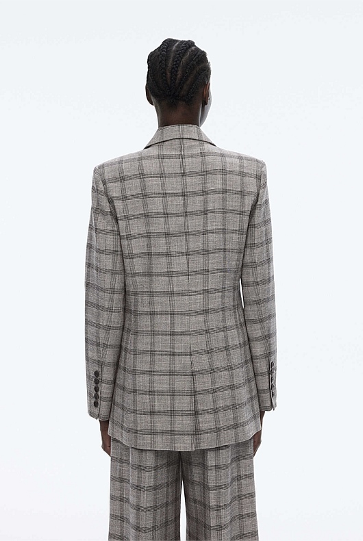 Double-Breasted Yarn Dye Check Blazer - Grey Sky