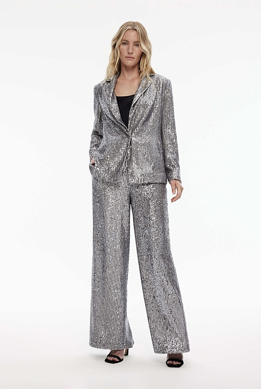 Sequin Wide Leg Trouser - Gunmetal