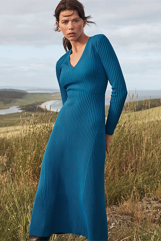Crepe V Neck Knit Dress - Sorrento Blue