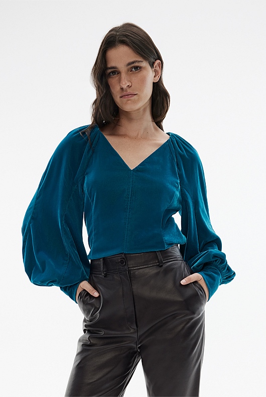 Velvet Gathered Blouse - Opal Blue