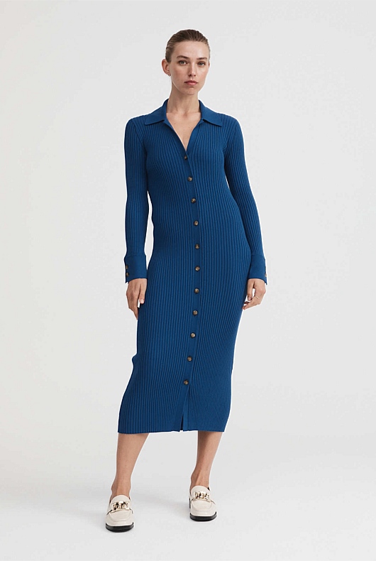 Button Through Rib Longline Cardigan - Eclipse Blue